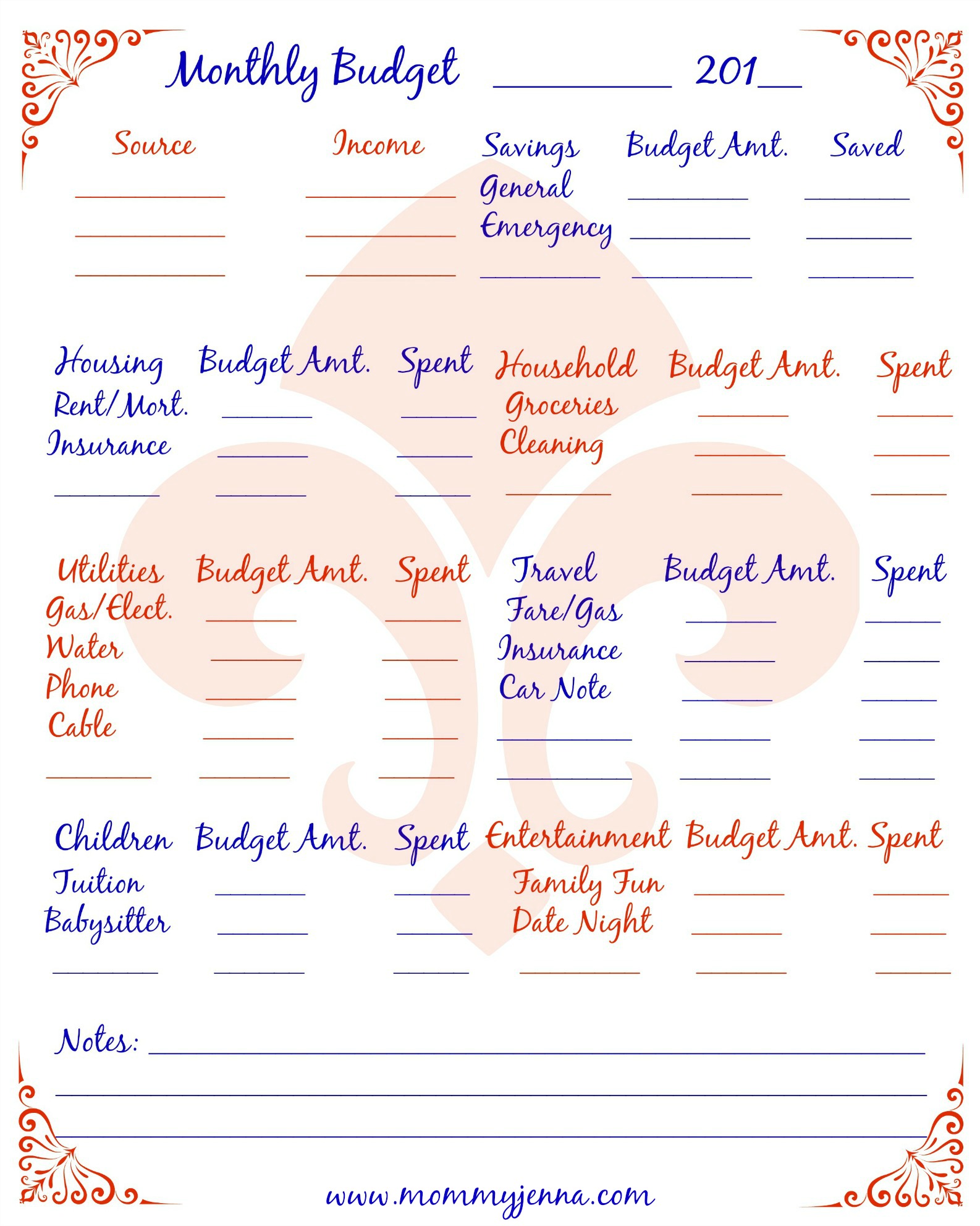 Monthly Printable Budget
